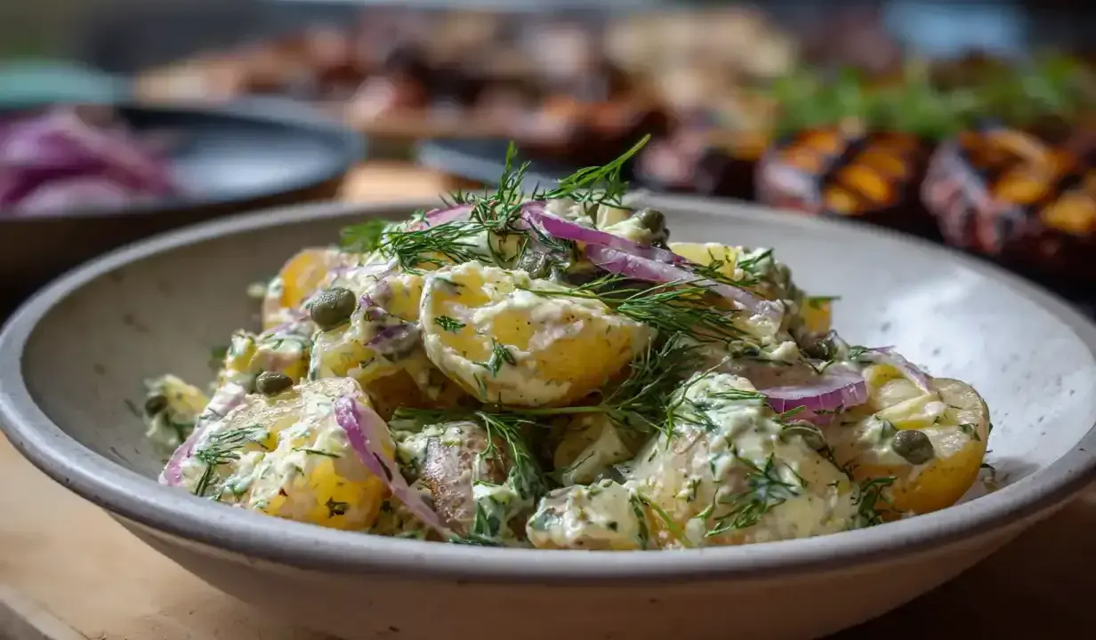Krämig potatissallad med dill och rödlök, perfekt som tillbehör till grillat.