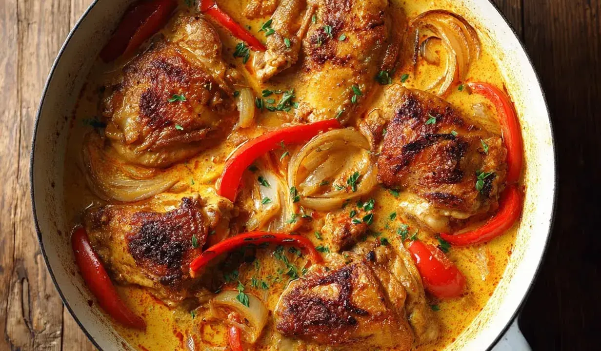 En krämig gryta med kycklinglårfilé, paprika och lök. Ett perfekt kycklinglårfile recept för en smakrik middag.