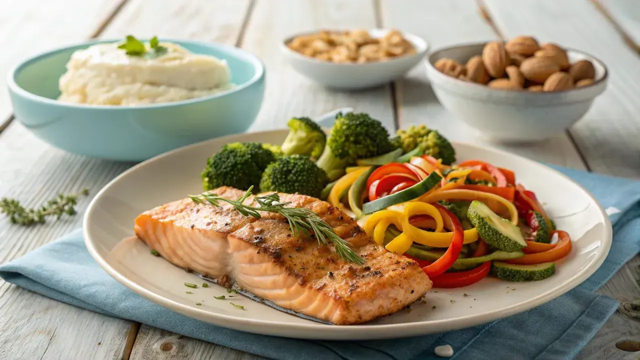 Laxfilé med ugnsrostade grönsaker och potatismos. Ett hälsosamt recept för diabetes mat.