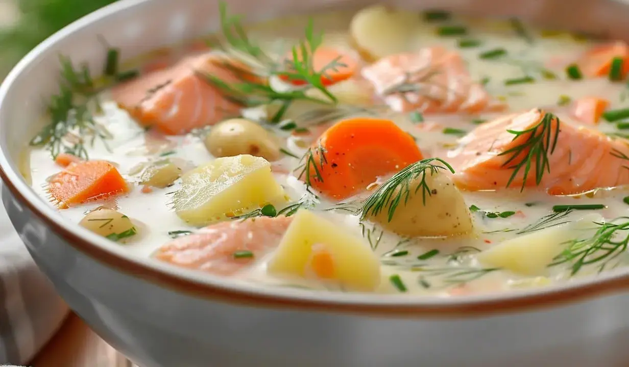 En krämig potatis och morotssoppa med laxbitar och dill. En värmande och god rätt.