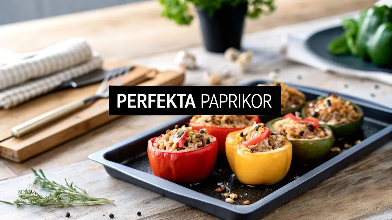 Fyllda paprikor på en plåt, redo att bakas. En härlig måltid med smak av sommar.