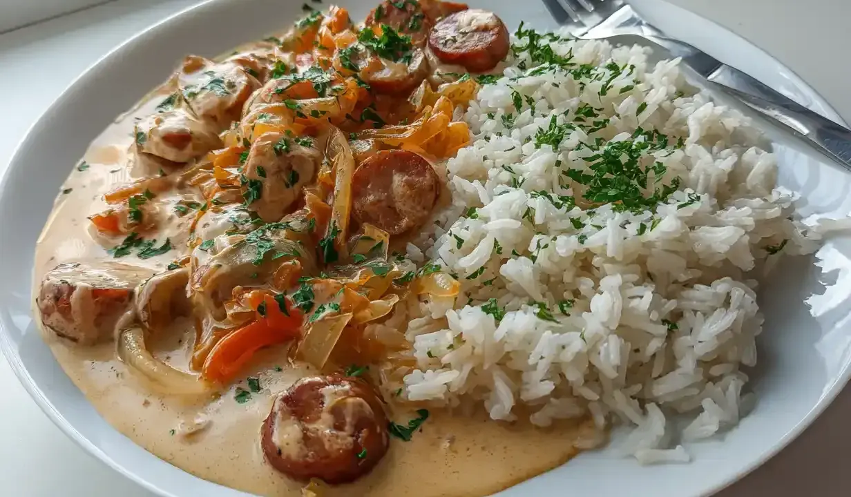 En krämig korv stroganoff med skivad korv, lök och paprika, serverad med fluffigt ris och strödd persilja. En klassisk svensk rätt.