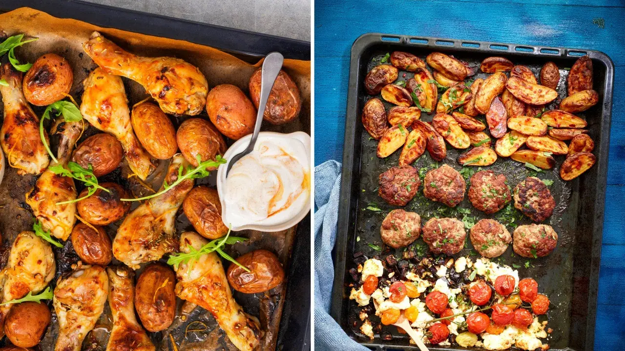Två ugnsplåtar med mat för en härlig fredagsmiddag i ugn: kycklingklubbor med potatis och köttbullar med rostade grönsaker och fetaost.