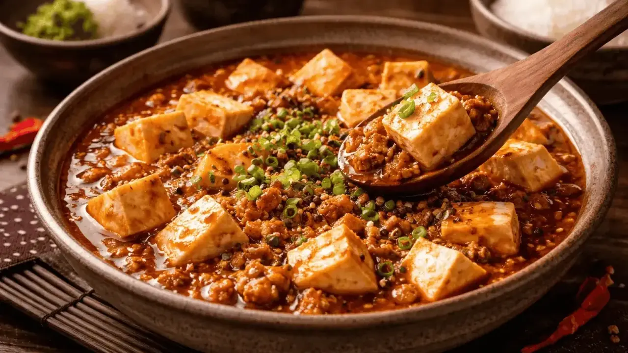 En skål med mapo tofu, en kryddig sichuansk rätt med tofu och köttfärs, garnerad med salladslök. En träsked lyfter upp en bit tofu.