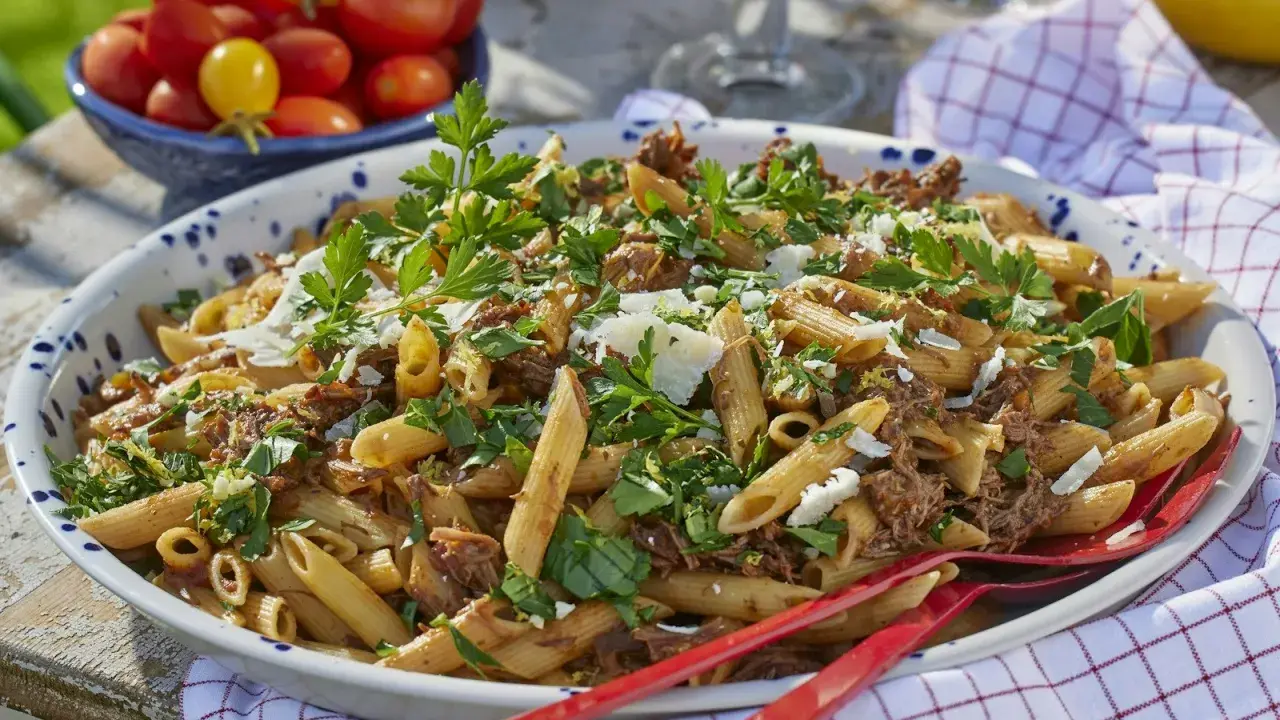 Stor skål med penne pasta och köttfärssås, toppad med persilja och parmesan. Perfekt för varm mat till många.