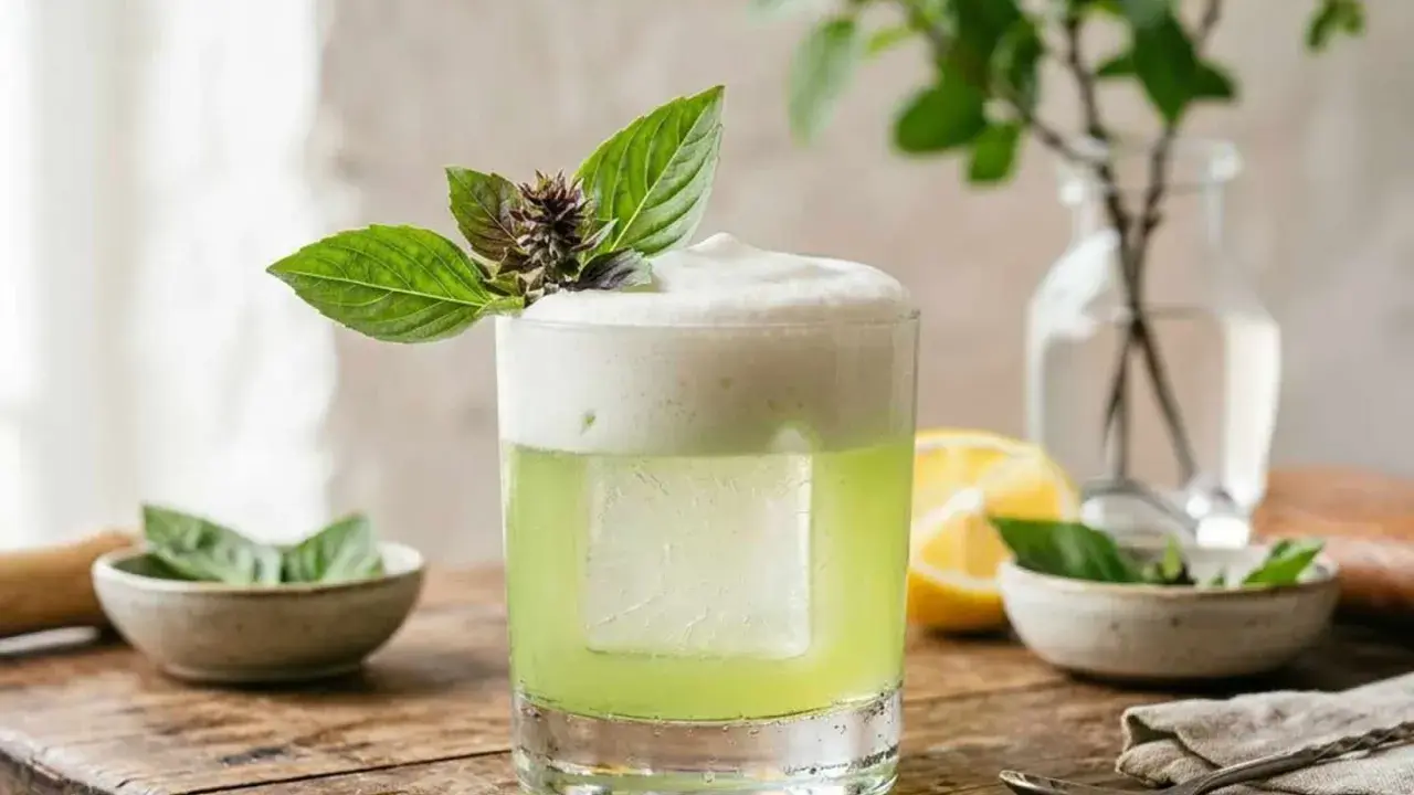 En uppfriskande thai basil drink med skummig topp, garnerad med färska basilika. En perfekt sommardrink.