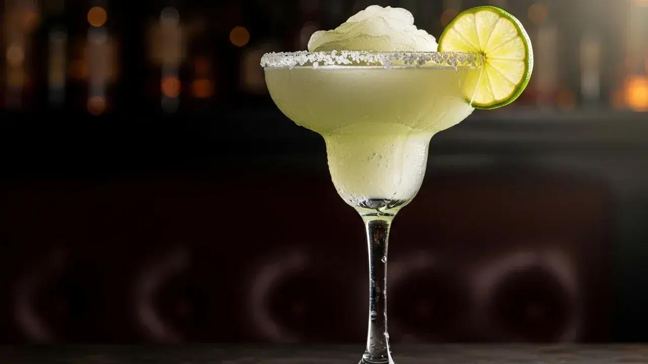 En frostig frozen margarita med saltkant och limeklyfta, perfekt för en varm sommardag.