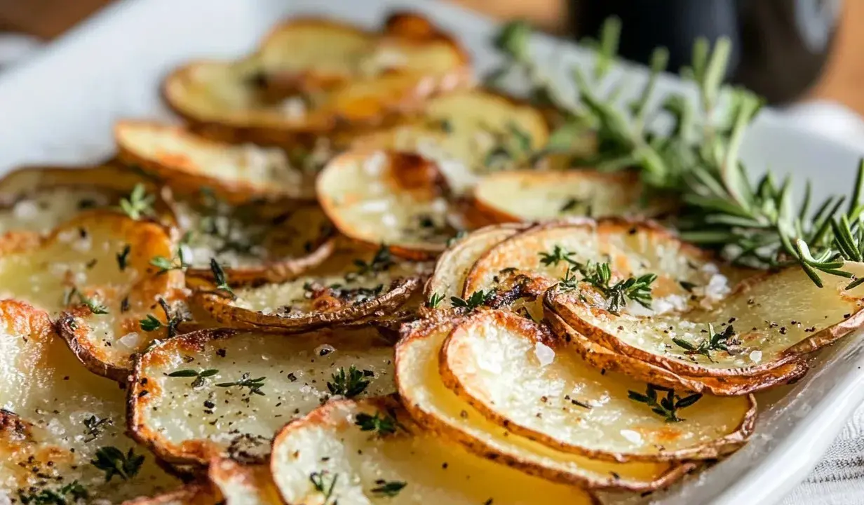 Råstekt potatis i ugn, krispiga skivor med örter och flingsalt. Perfekt tillbehör som doftar ljuvligt.