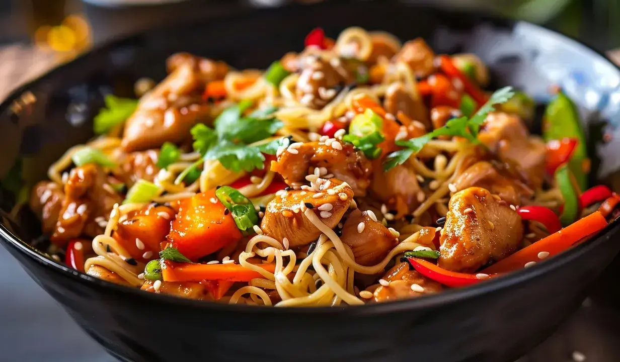 En läcker kyckling wok med nudlar, grönsaker och sesamfrön i en svart skål.