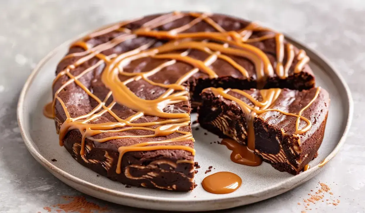 En saftig kladdkaka med ett härligt mönster, toppad med en generös glasyr av dulce de leche.