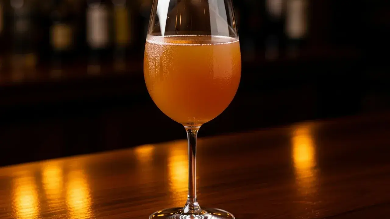 Ett glas med en gyllene, bubblig dryck. Perfekt för ett somrigt sangria recept.