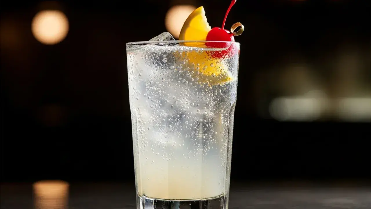 En uppfriskande Tom Collins med citron och körsbär, en klassiker bland drinkvarianter.