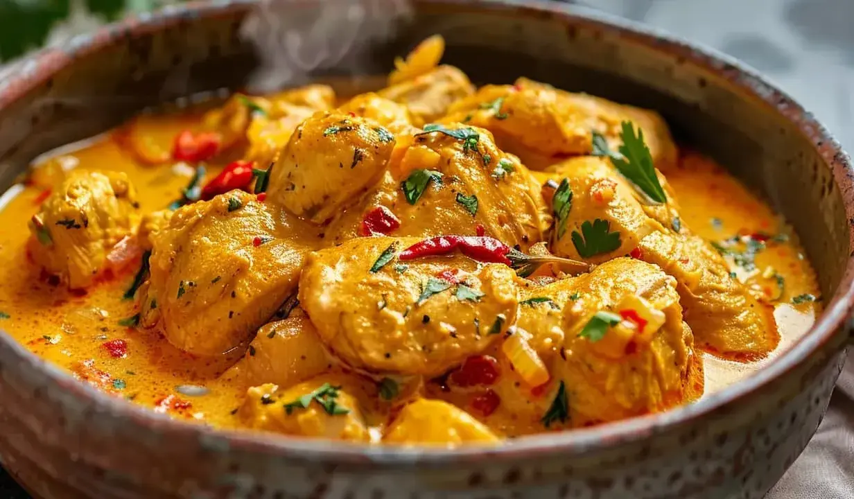 En krämig kyckling curry med bitar av kyckling i en gyllene sås, toppad med färsk persilja och chili.