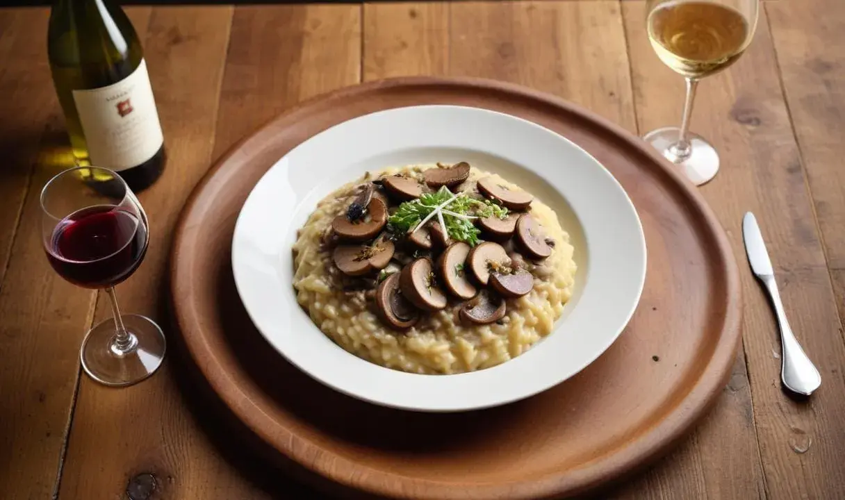 En krämig svamprisotto med skivade champinjoner och en gästfri vin till svamprisotto.