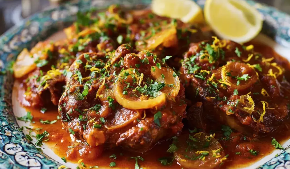 En tallrik med mustig osso buco, garnerad med citron och persilja.