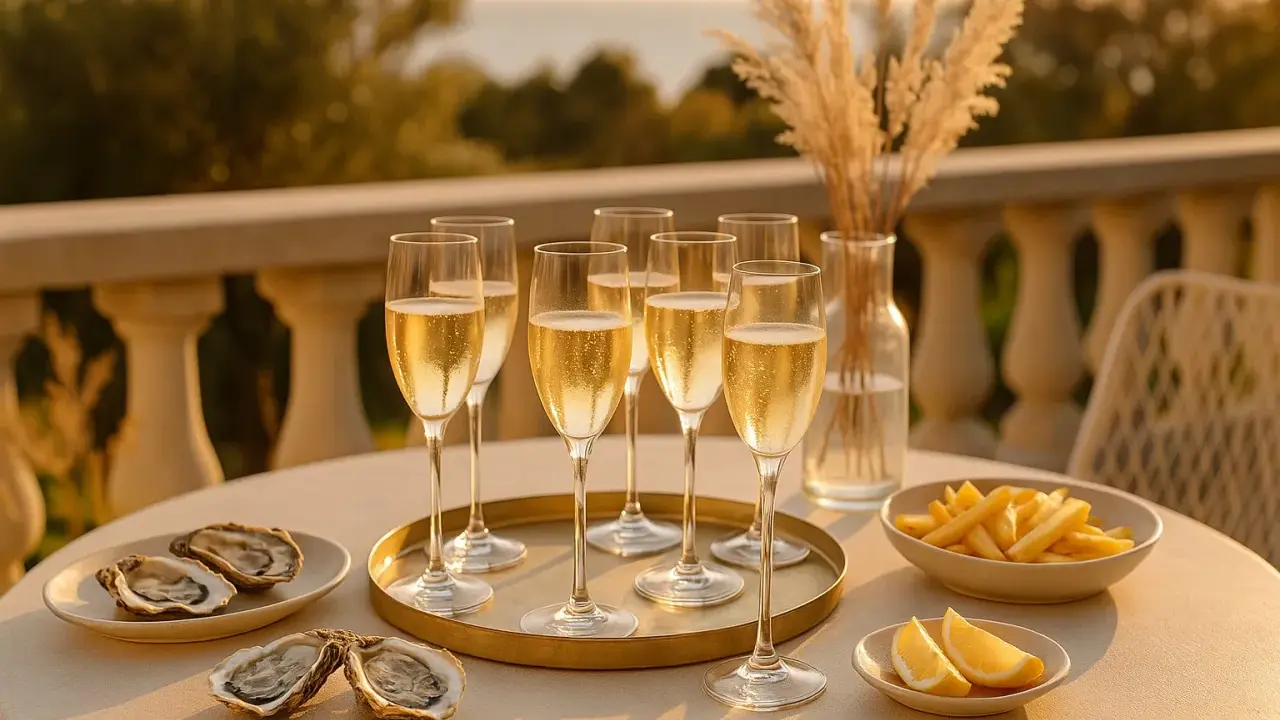 Ett perfekt tillfälle för ostron till champagne. Glas med bubblande dryck, färska ostron och citronklyftor på ett solbelyst bord.