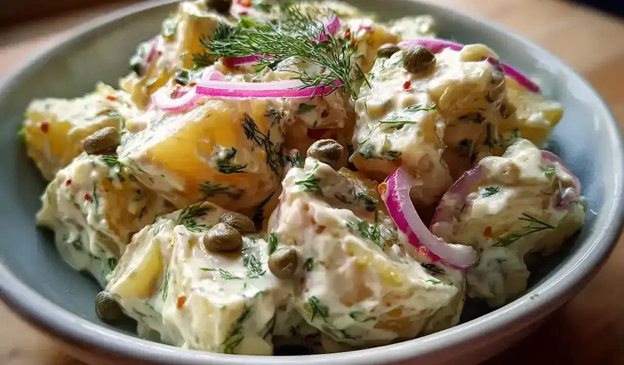 Krämig potatissallad med dill, kapris och rödlök. Perfekt som tillbehör gott till grillat.