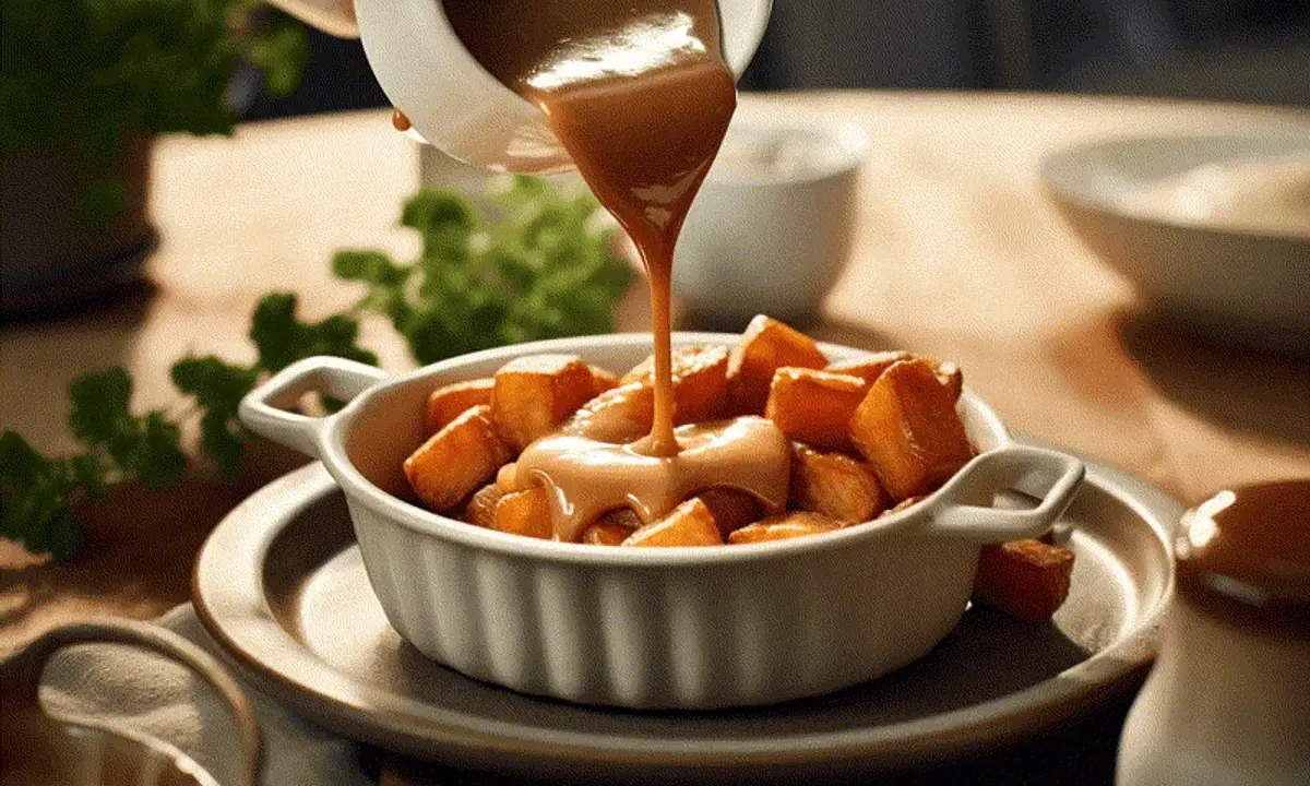 Brunsås hälls över potatisbitar i en vit skål. Ett perfekt brunsås recept för en god middag.