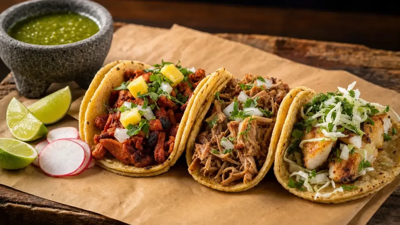 Tre läckra tacos med olika fyllningar, en skål med grön sås och limeklyftor. En härlig måltid med mexikansk mat.