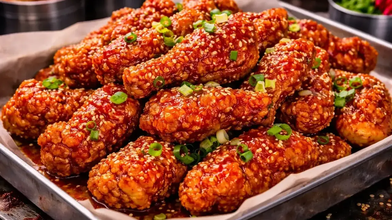 Krispiga kycklingvingar med en söt och kryddig glaze, toppade med sesamfrön och salladslök. Ett perfekt recept på korean fried chicken!