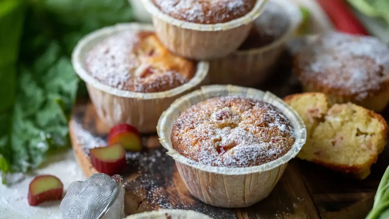 Fredriks fika: fluffiga rabarbermuffins pudrade med florsocker, med färsk rabarber och gröna blad i bakgrunden.
