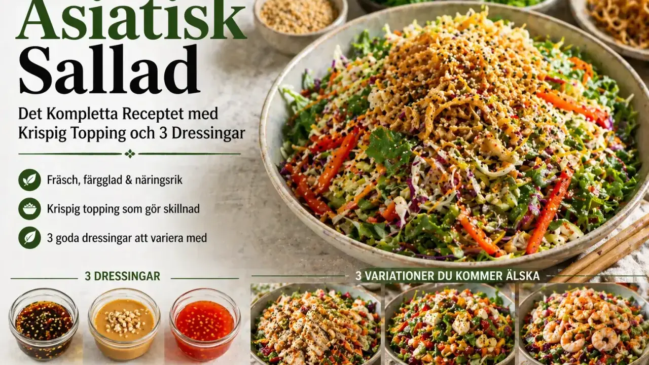 En stor skål med en färgstark asiatisk sallad toppad med krispiga ingredienser. Tre små skålar med dressingar syns bredvid.