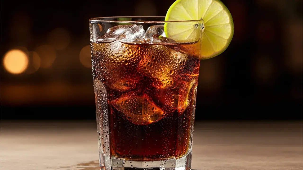 En svalkande cuba libre drink med is och en limeklyfta, perfekt för en varm kväll.