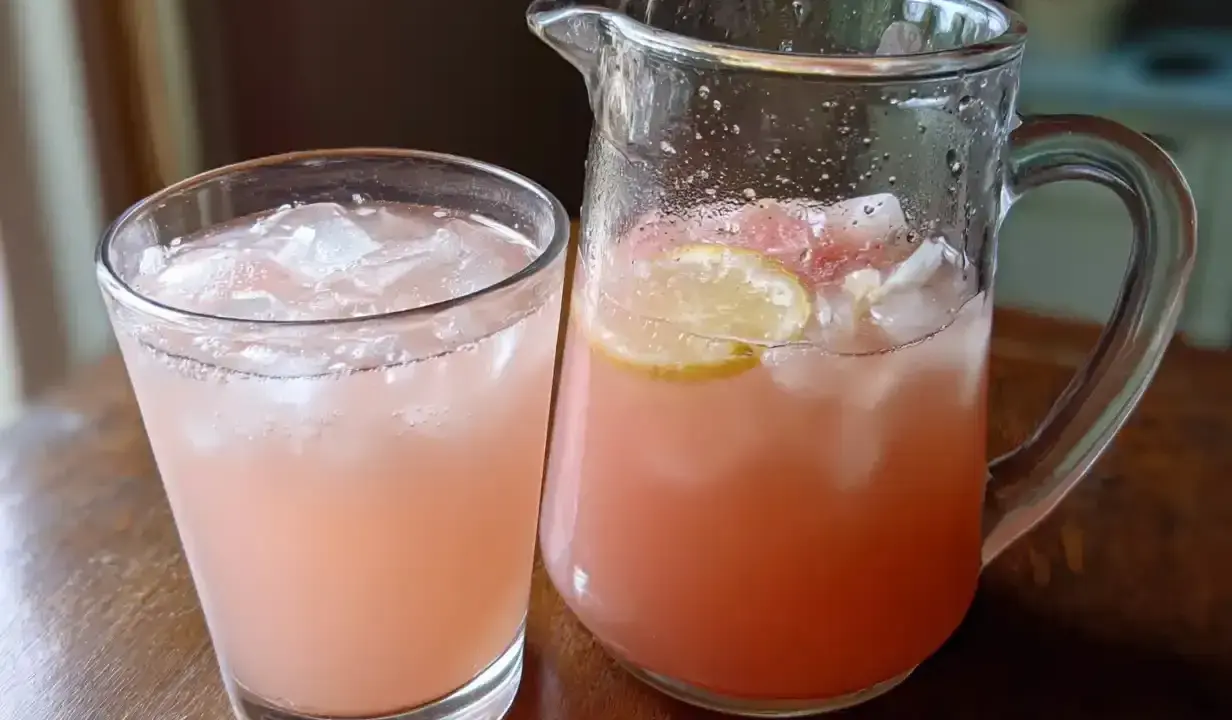 En glas och en karaff med rosa rabarbersirap drink fylld med is och citronskivor.