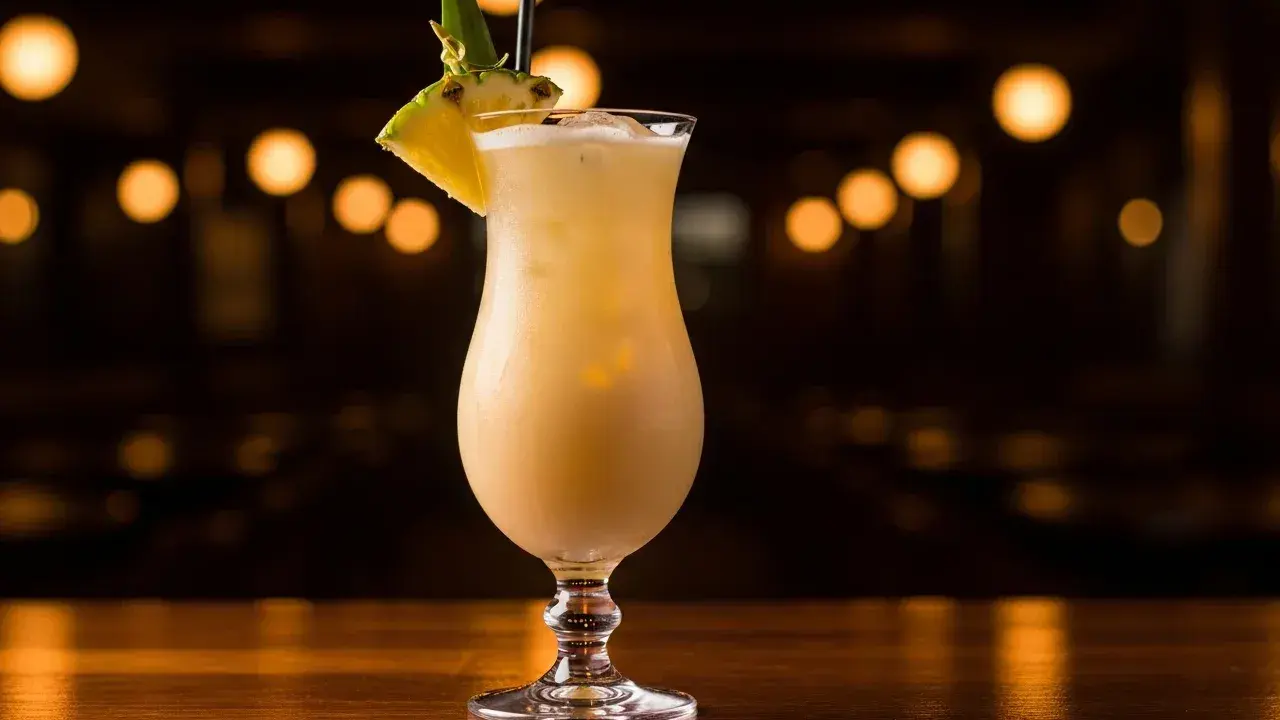 En krämig virgin piña colada, dekorerad med ananas och ett sugrör, står på en träbar med bokeh-ljus i bakgrunden.
