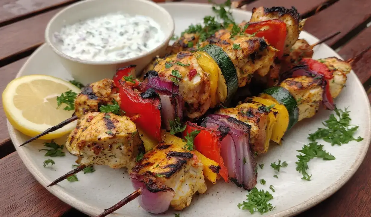 Grillspett med kyckling, paprika, lök och zucchini. Serveras med en yoghurtsås och citronklyfta. Ett perfekt grillspett recept för sommaren.