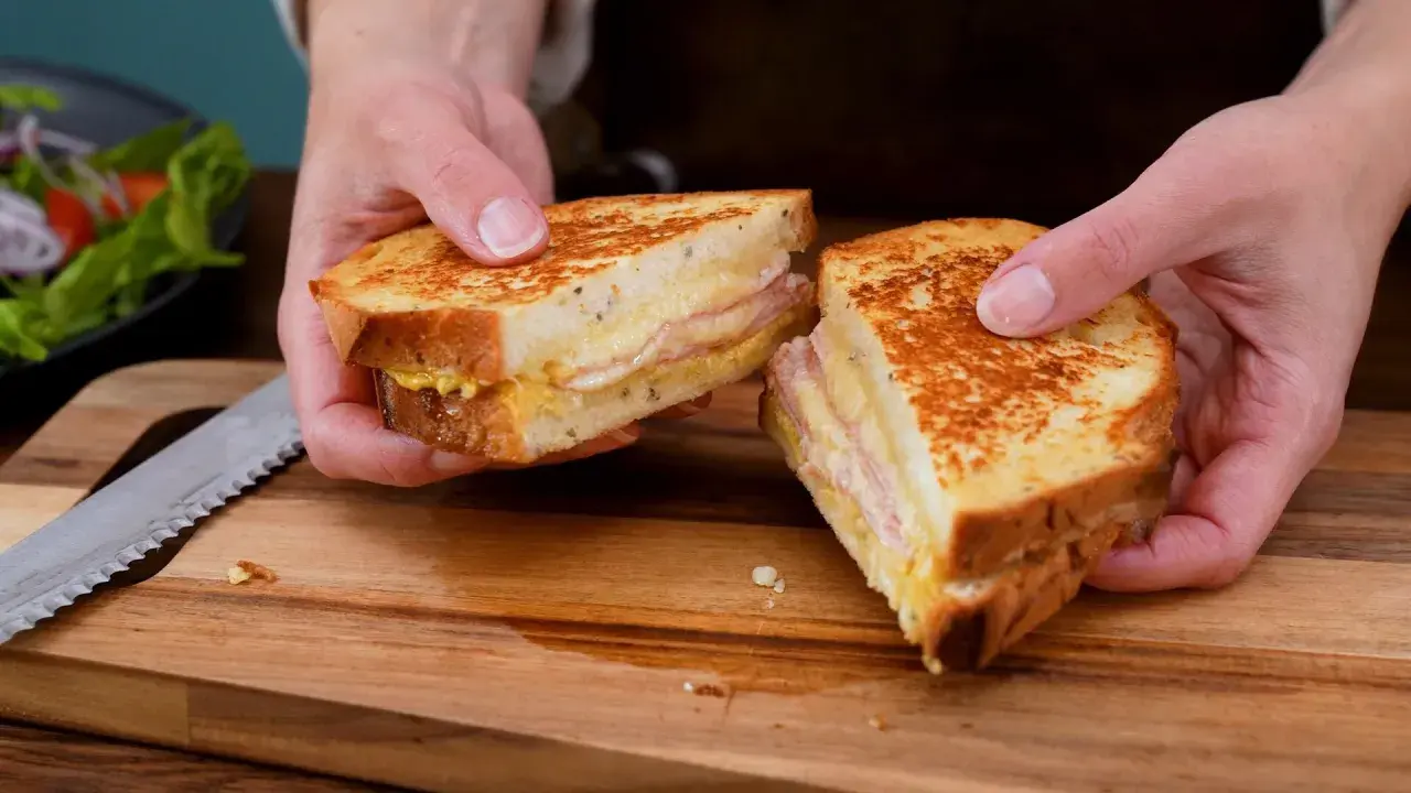 En gyllene croque monsieur, perfekt rostad och fylld med ost och skinka, delas på ett skärbräde.