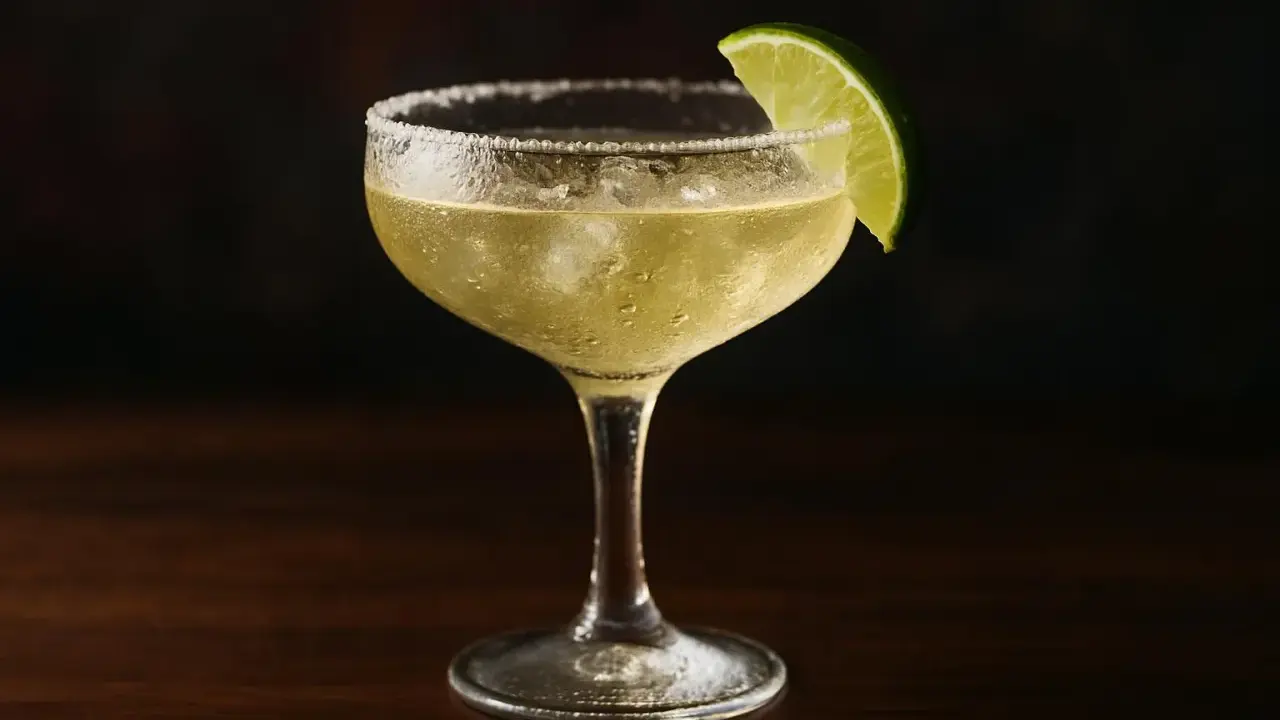 En kyld margarita med saltkant och limeklyfta. Perfekt för ett enkelt margarita recept.
