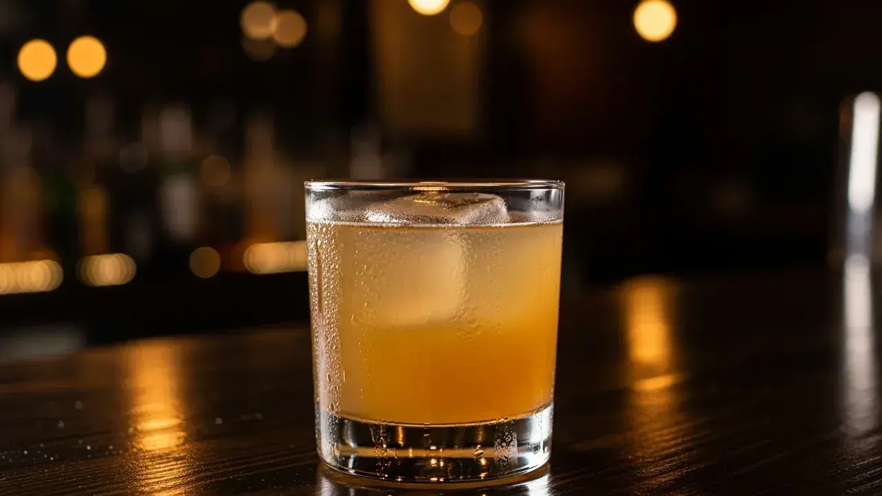 En kyld, gyllene drink med is på en mörk bardisk. En perfekt spicy margarita för en kväll ute.