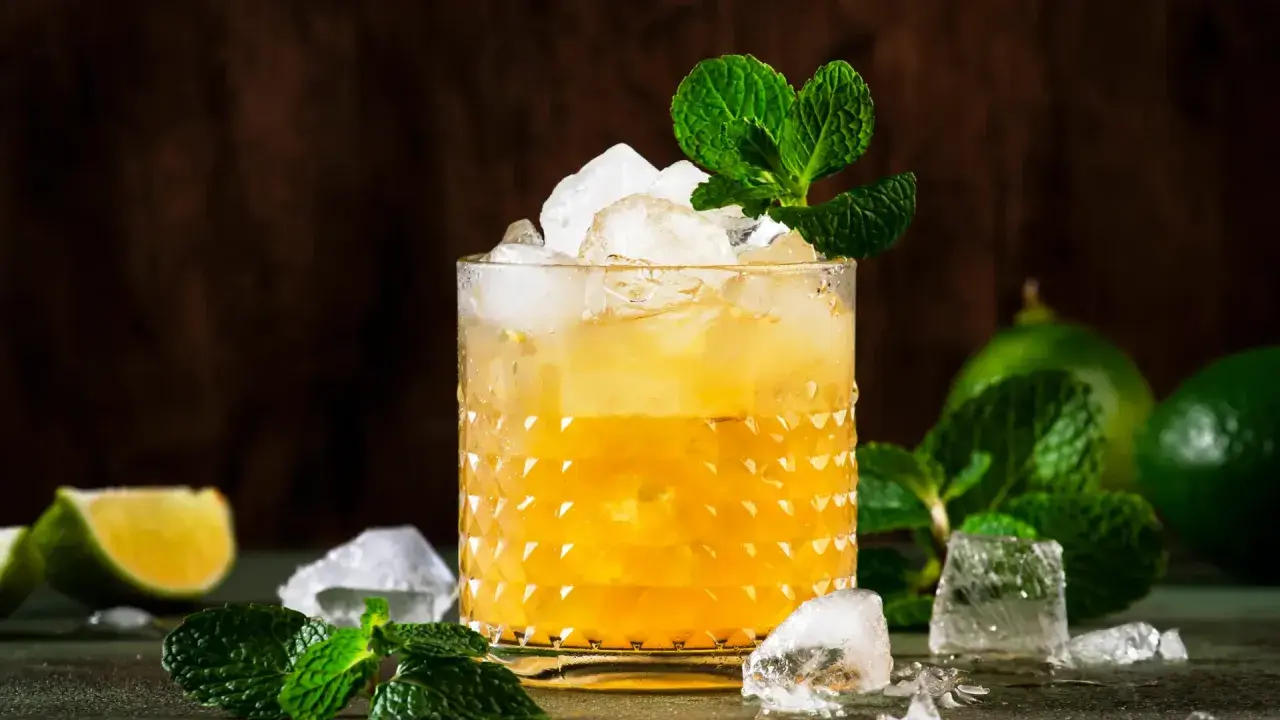 Enkla drinkar med rom, is och mynta. En uppfriskande drink med lime i bakgrunden.