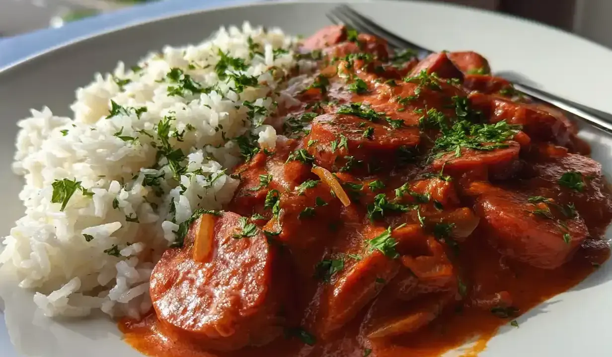En tallrik med fluffigt ris och en krämig korv stroganoff, toppad med persilja. Perfekt för en god middag!