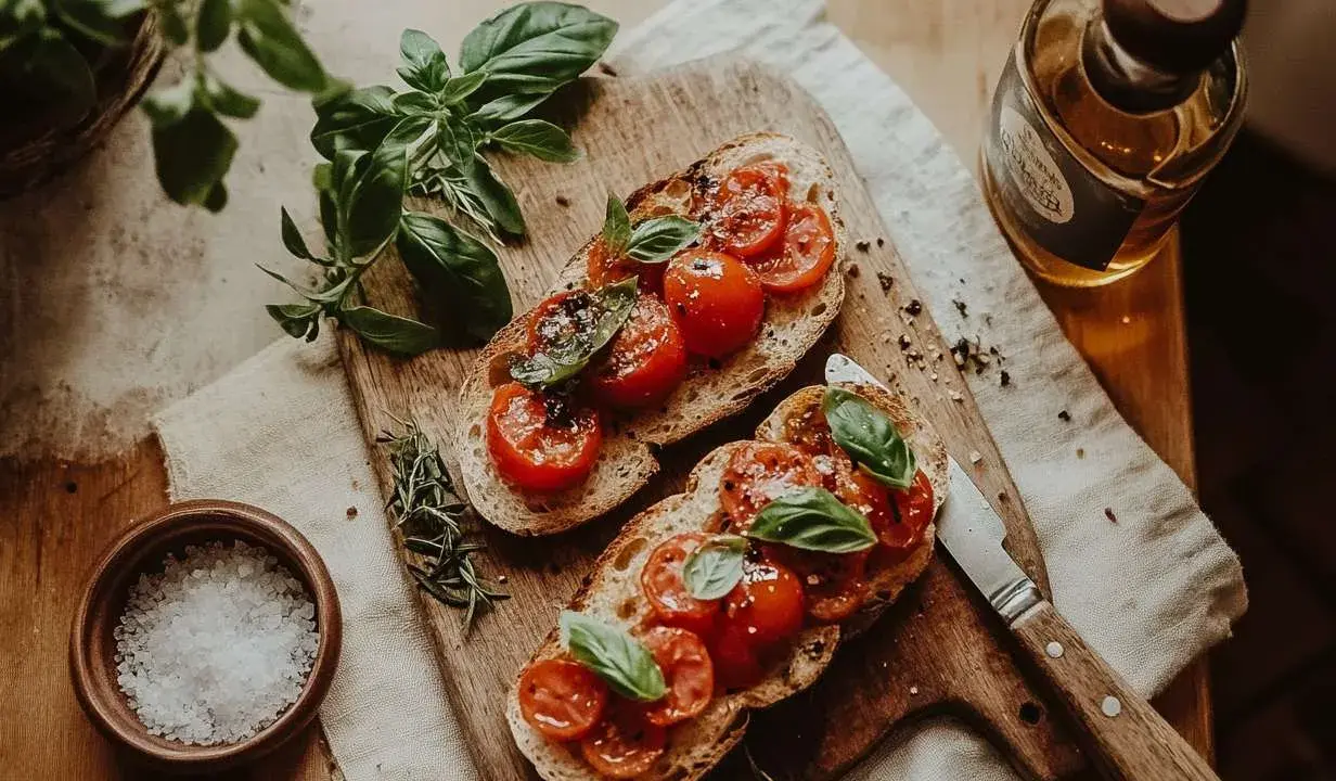 Två skivor rostat bröd med tomater och basilika, redo att avnjutas som ett enkelt bruschetta recept. En flaska olivolja och en skål flingsalt finns i närheten.