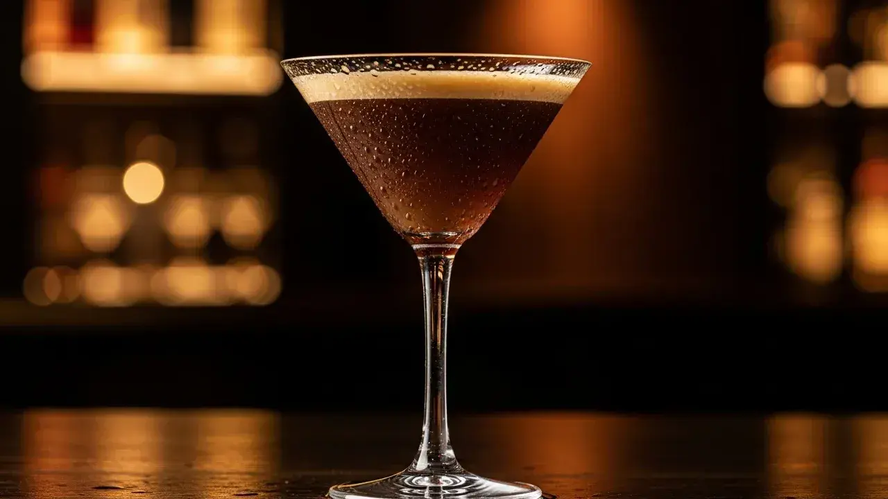 En svalkande alkoholfri espresso martini med krämig skumtopp, perfekt för en kväll på stan.