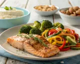 Laxfilé med ugnsrostade grönsaker och potatismos. Ett hälsosamt recept för diabetes mat.