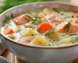 En krämig potatis och morotssoppa med laxbitar och dill. En värmande och god rätt.