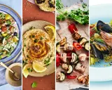 Fyra bilder som visar olika medelhavskost recept: grekisk sallad, hummus, kycklingspett och paella med skaldjur.