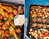 Två ugnsplåtar med mat för en härlig fredagsmiddag i ugn: kycklingklubbor med potatis och köttbullar med rostade grönsaker och fetaost.