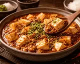 En skål med mapo tofu, en kryddig sichuansk rätt med tofu och köttfärs, garnerad med salladslök. En träsked lyfter upp en bit tofu.