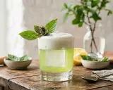 En uppfriskande thai basil drink med skummig topp, garnerad med färska basilika. En perfekt sommardrink.