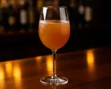 Ett glas med en gyllene, bubblig dryck. Perfekt för ett somrigt sangria recept.