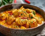 En krämig kyckling curry med bitar av kyckling i en gyllene sås, toppad med färsk persilja och chili.