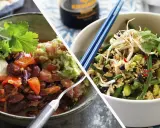 Två skålar med billig mat: en med bönchili och guacamole, den andra med ris och grönsaker.