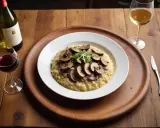En krämig svamprisotto med skivade champinjoner och en gästfri vin till svamprisotto.