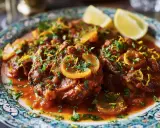 En tallrik med mustig osso buco, garnerad med citron och persilja.