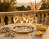 Ett perfekt tillfälle för ostron till champagne. Glas med bubblande dryck, färska ostron och citronklyftor på ett solbelyst bord.