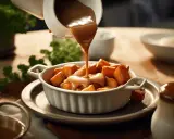 Brunsås hälls över potatisbitar i en vit skål. Ett perfekt brunsås recept för en god middag.